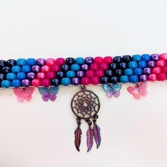 HANDMADE Iridescent Kandi Choker with Dreamcatcher and Butterfly Charms - Picture 9 of 13